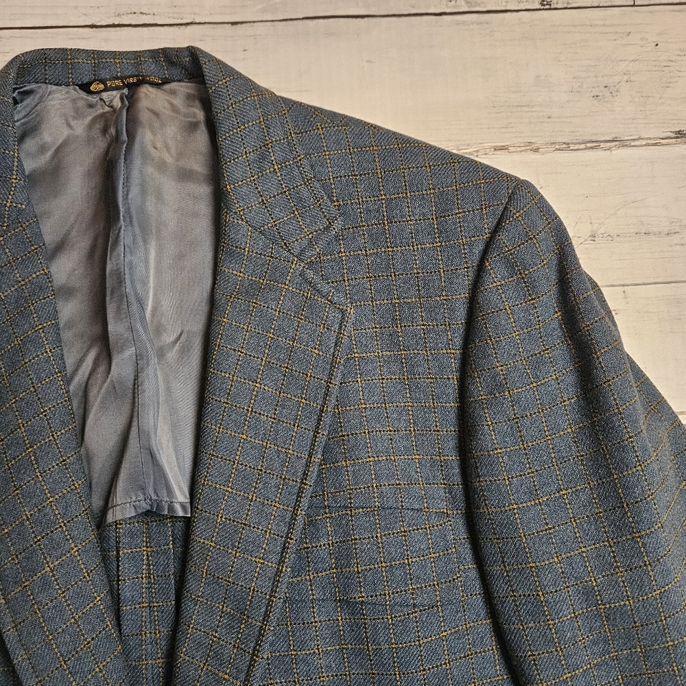 Vintage 90s Blue Wool Windowpane Blazer 40R Gano Downs‎ Avant Wool Academia